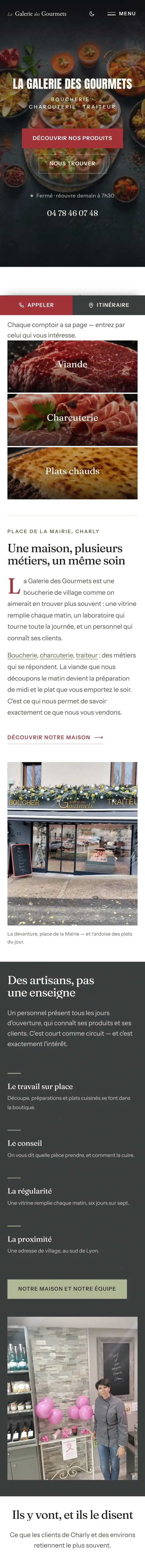 Page d’accueil de La Galerie des Gourmets, version mobile