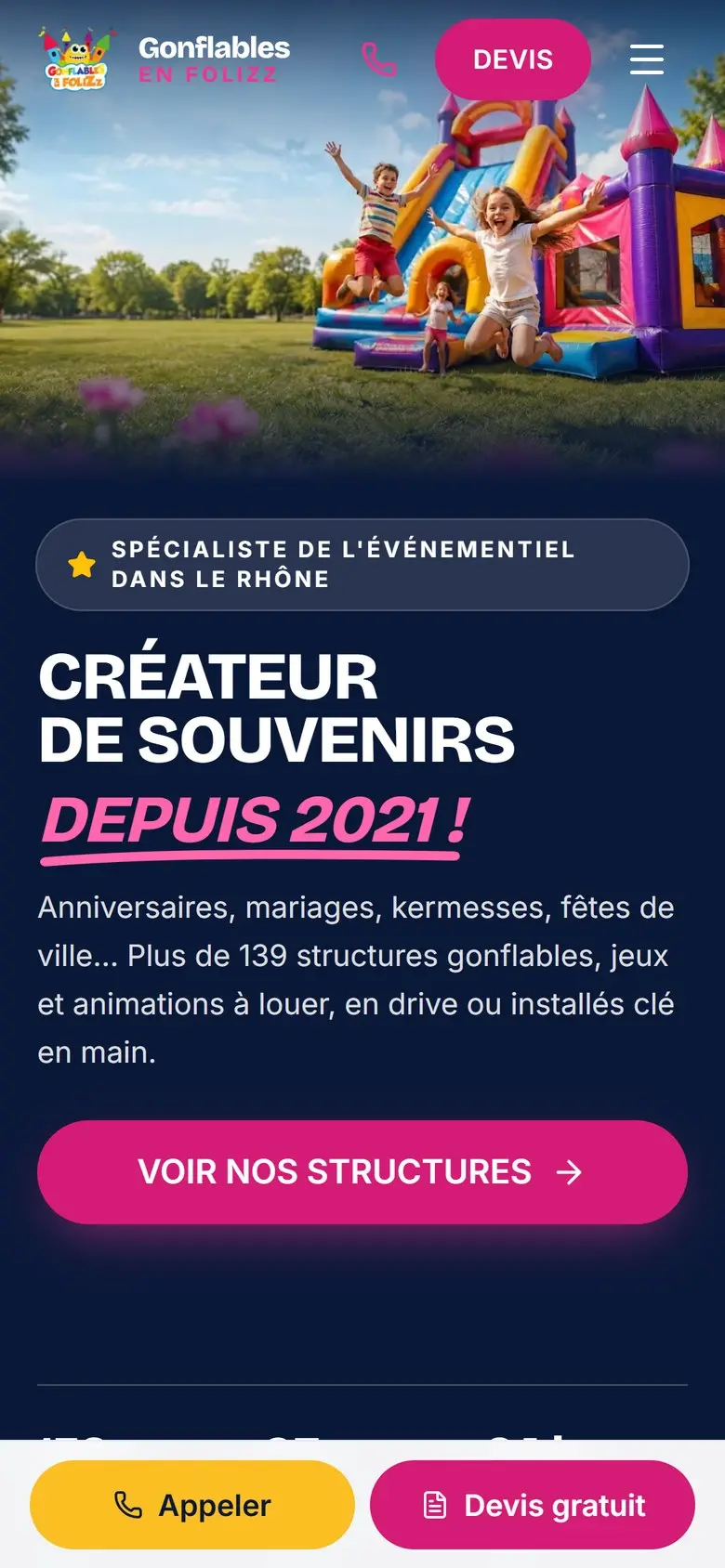Page d’accueil de Gonflables en FoliZz, version mobile