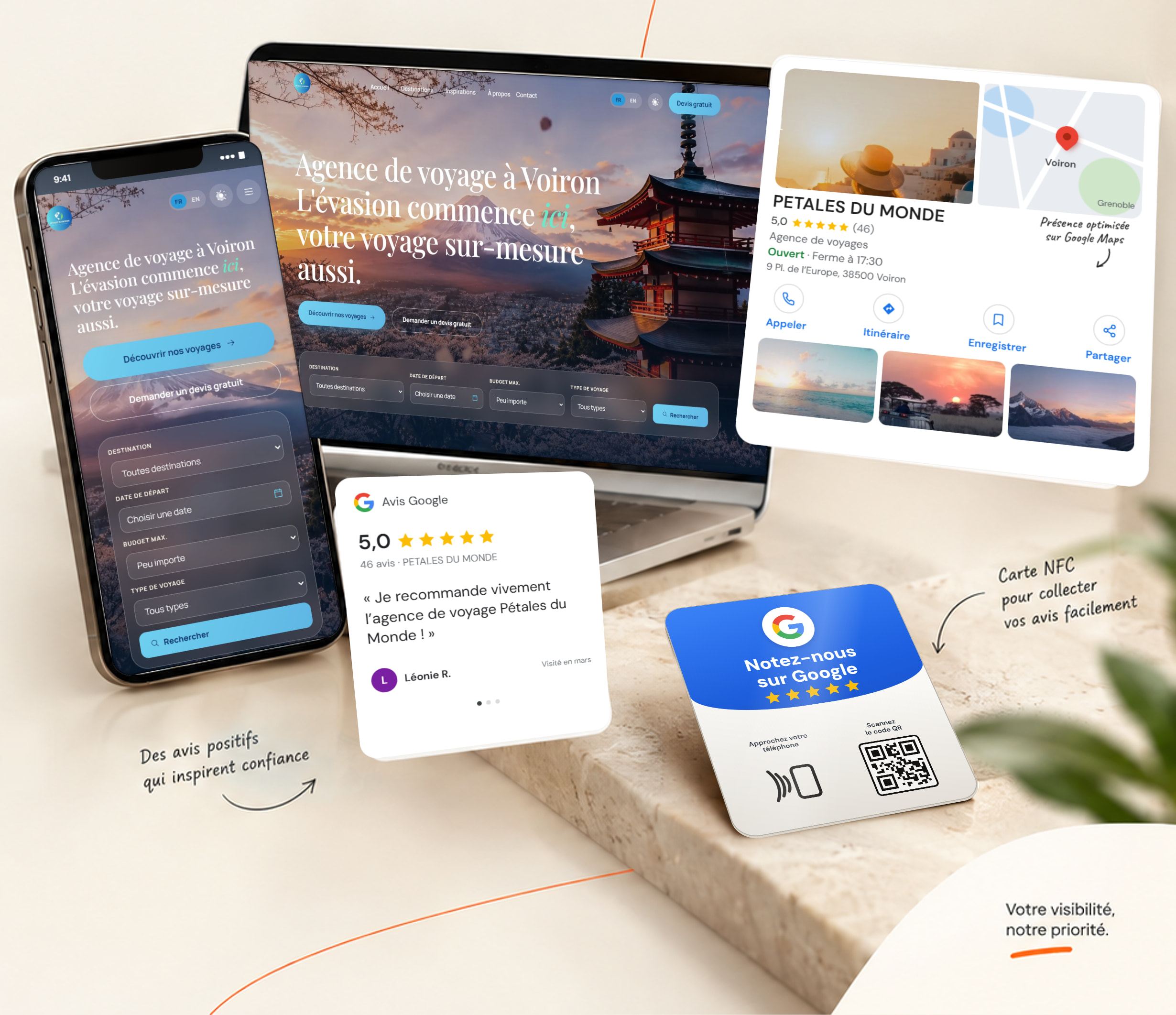 Exemple avec Pétales du Monde, agence de voyages à Voiron : son site sur ordinateur et sur mobile, sa fiche Google notée 5,0 sur 46 avis, un avis client et une carte NFC « Notez-nous sur Google ».
