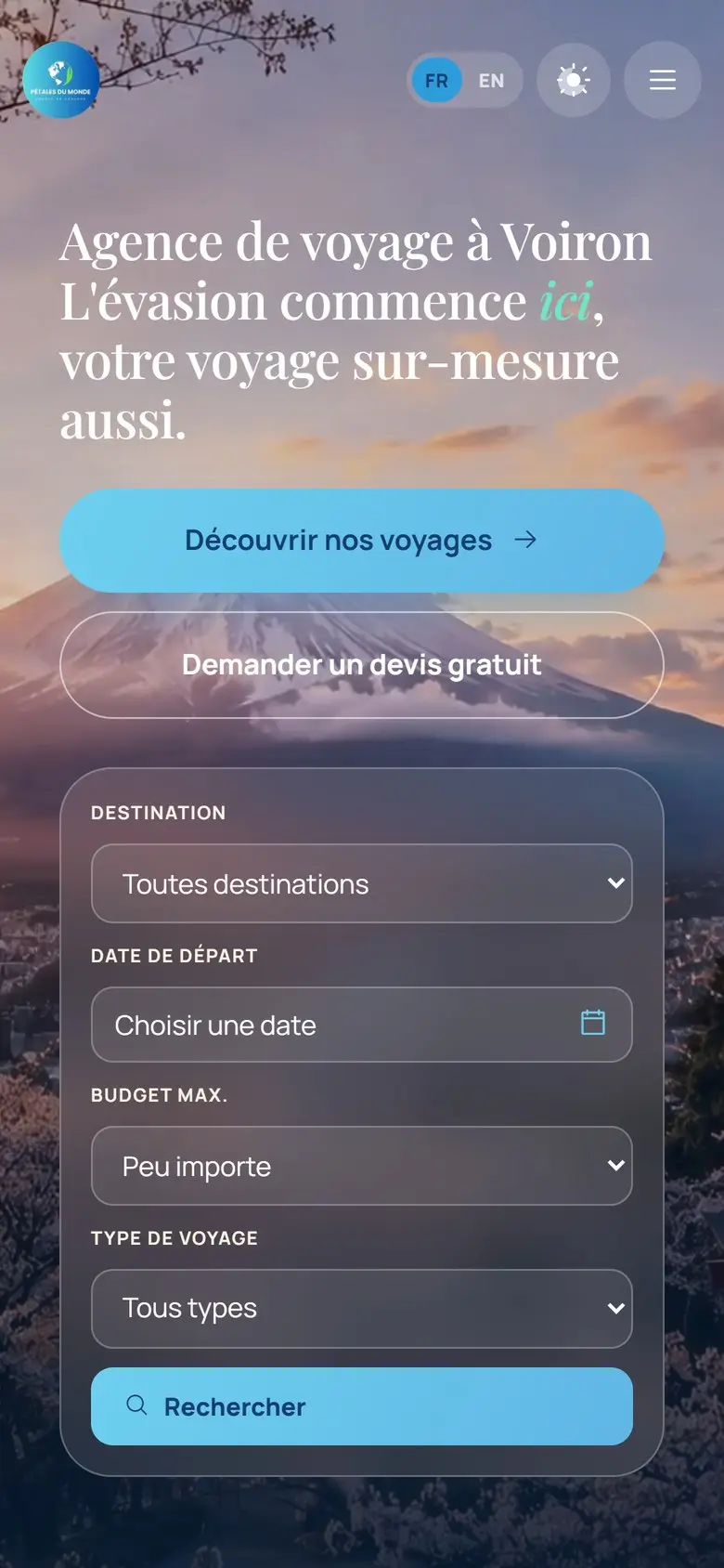 Page d’accueil de Pétales du Monde, version mobile